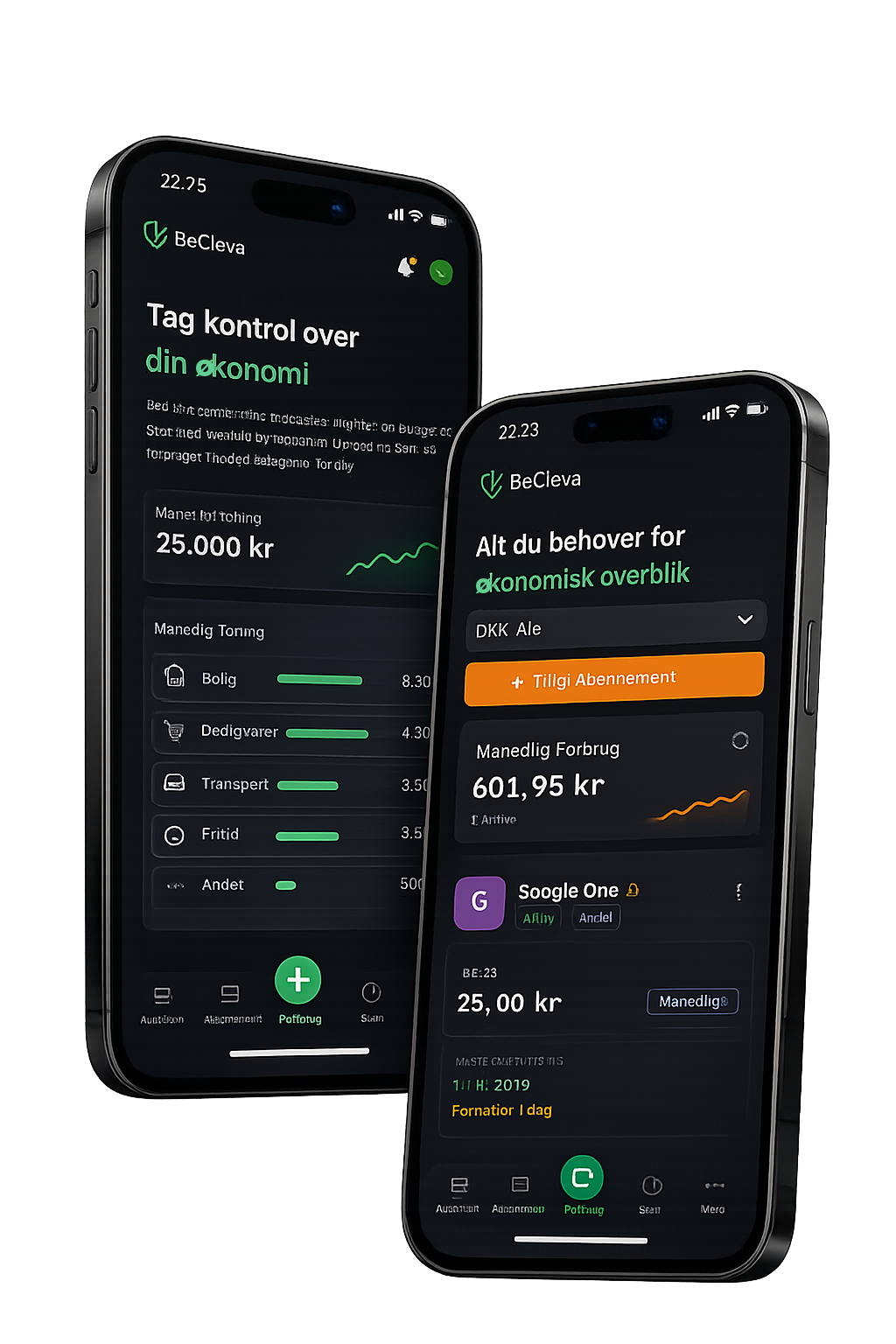 BeClevr budget-app vist på to mobiltelefoner